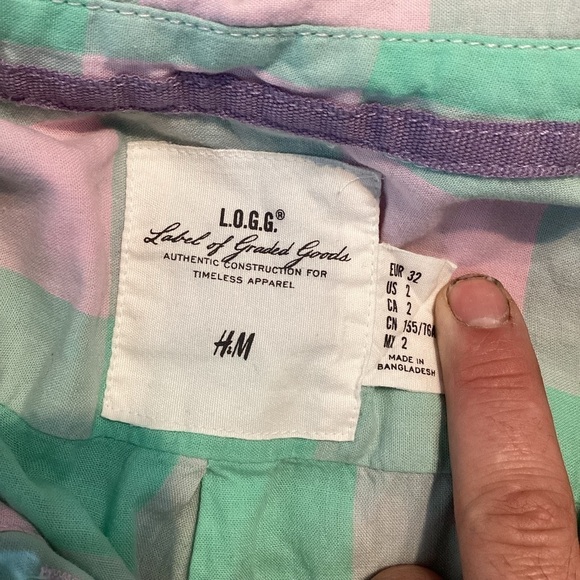 H&M L.O.G.G. Plaid Button Down Top Size 2 Pink Green - Picture 6 of 7